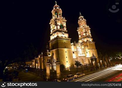 Low angle view of a cathedral lit up at night, Morelia Cathedral, Morelia, Michoacan State, Mexico