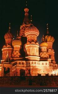 Low angle view of a cathedral lit up at night, St. Basil&acute;s Cathedral, Red Square, Moscow, Russia