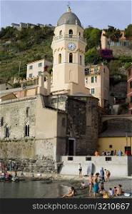 Low angle view of a church in a town, Church of Santa Margherita d&acute;Antiochia, Italian Riviera, Cinque Terre National Park, Vernazza, La Spezia, Liguria, Italy