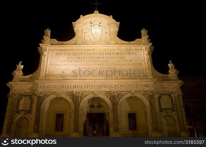 Low angle view of a church lit up at night, Fontana dell&acute;Acqua Paola, Rome, Italy