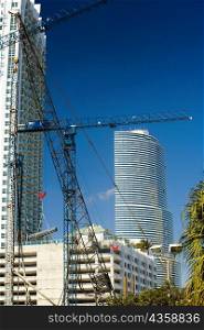 Low angle view of a crane in front of a skyscraper, Miami, Florida, USA