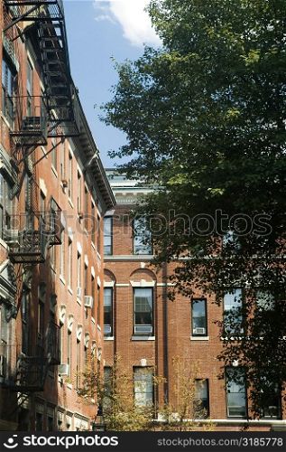 Low angle view of a fire escape on a building, Boston, Massachusetts, USA