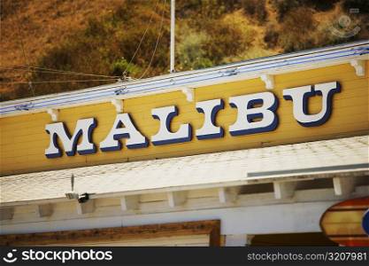 Low angle view of a Malibu sign, Malibu, California, USA