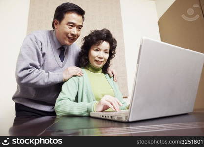 Low angle view of a mature couple using a laptop