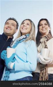Low angle view of a mid adult couple and a young woman smiling