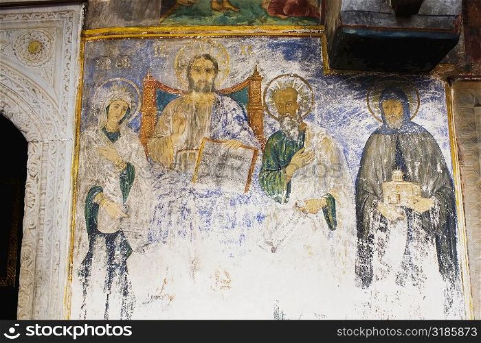 Low angle view of a mural on the wall of a church, Monastery of St. John the Divine, Patmos, Dodecanese Islands, Greece