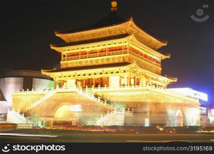 Low angle view of a pagoda lit up at night, Zhong Lou, Xi&acute;an, Shaanxi Province, China