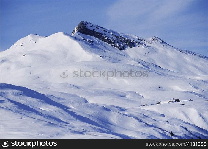 Low angle view of a snowcapped mountain, Swiss Alps, Davos, Graubunden Canton, Switzerland