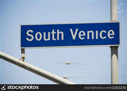 Low angle view of a South Venice sign, Sarasota, Florida, USA