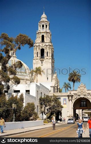 Low angle view of a steeple against a blue sky, San Diego, California, USA