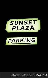 Low angle view of a Sunset Plaza parking sign, Los Angeles, California, USA