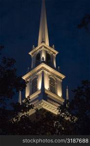 Low angle view of a tower lit up at night, Boston, Massachusetts, USA