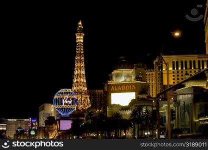 Low angle view of a tower lit up at night, Las Vegas, Nevada, USA