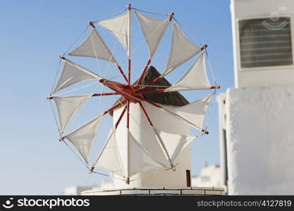 Low angle view of a traditional windmill, Mykonos, Cyclades Islands, Greece