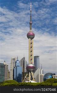 Low angle view of a TV tower, Oriental Pearl Tower, Shanghai, China