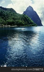 Low angle view of a volcanic mountain from the sea, St. Lucia
