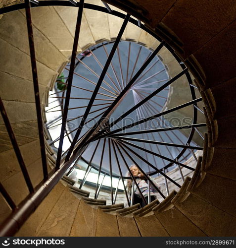 Low angle view of a woman standing on spiral staircase of the Saint Isaac&acute;s Cathedral, St. Isaac&acute;s Square, St. Petersburg, Russia