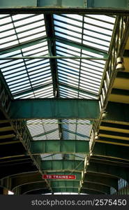 Low angle view of an information board hanging from a ceiling, New York City, New York State, USA