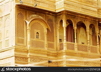Low angle view of an ornate balcony, Jaisalmer, Rajasthan, India