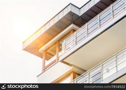 Low angle view of balcony of rental aparment business