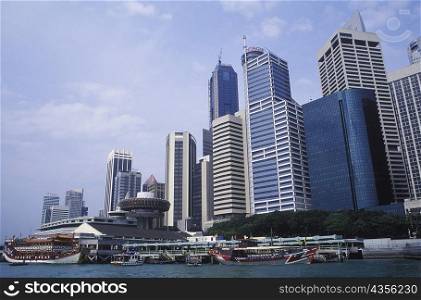 Low angle view of buildings at the waterfront, Singapore