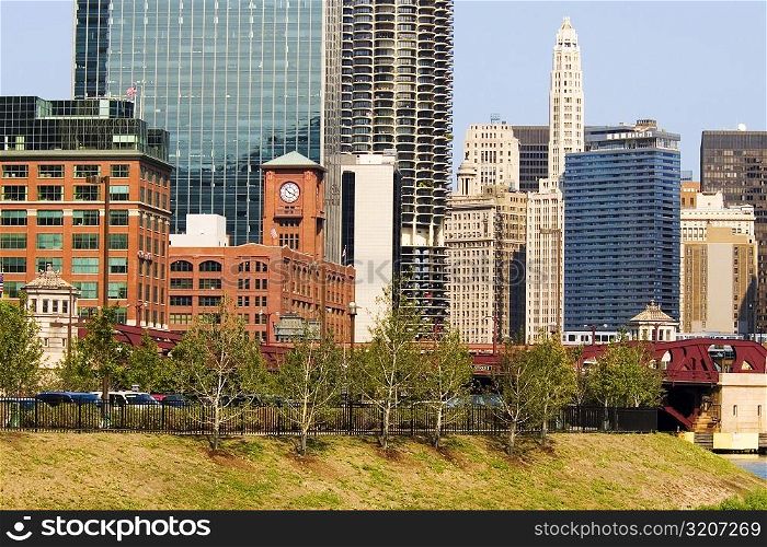 Low angle view of buildings in a city, Chicago, Illinois, USA