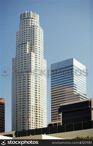 Low angle view of buildings in a city, Los Angeles, California, USA