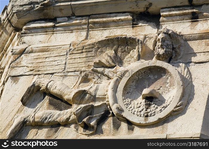 Low angle view of carving on a tower, Tower Of The Winds, Roman Agora, Athens, Greece