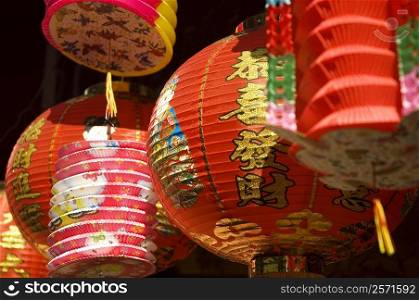 Low angle view of Chinese lanterns hanging, New York City, New York State, USA