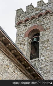 Low angle view of church bell tower, Radda in Chianti, Tuscany, Italy
