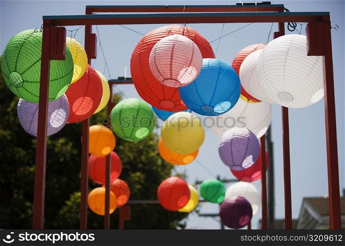 Low angle view of colorful Chinese lanterns