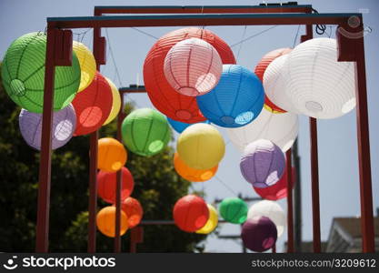 Low angle view of colorful Chinese lanterns