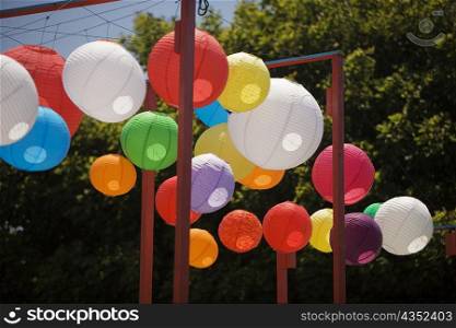 Low angle view of colorful Chinese lanterns