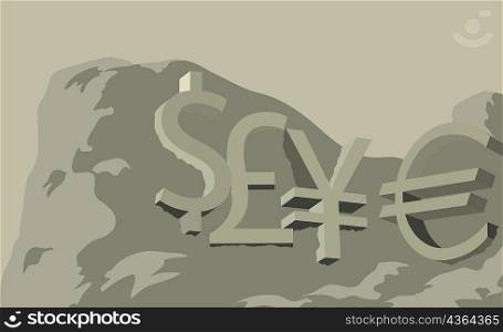 Low angle view of currency symbols on a mountain