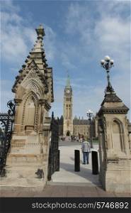 Low angle view of entrance gates to Parliament Building, Parliament Hill, Ottawa, Ontario, Canada
