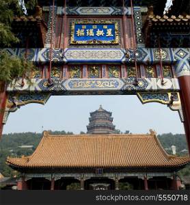 Low angle view of entrance of a palace, Hall of Dispelling Clouds, Tower of Buddhist Incense, Longevity Hill, Summer Palace, Haidian District, Beijing, China