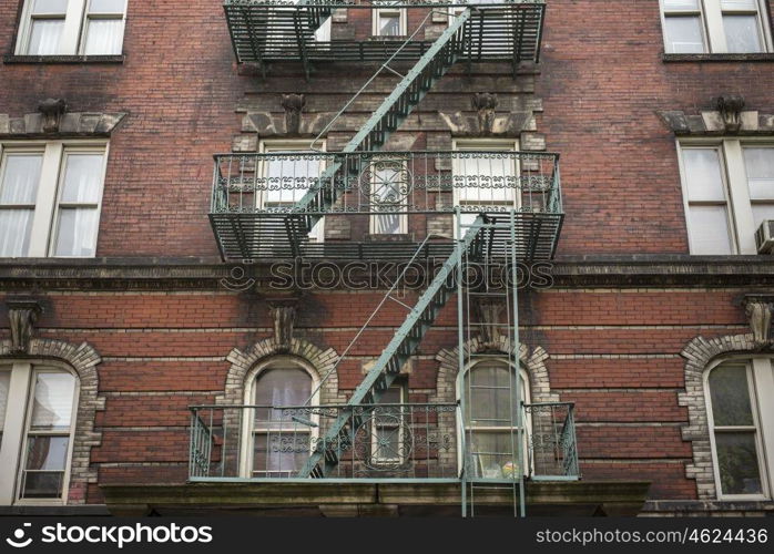 Low angle view of fire escape of building, New York City, New York State, USA