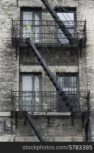 Low angle view of fire escape on a building, SoHo, Manhattan, New York City, New York State, USA