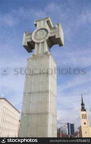 Low angle view of Freedom Monument against cloudy sky; Tallinn; Estonia; Europe