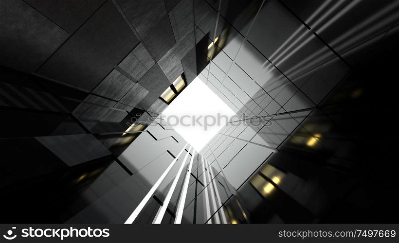 Low angle view of generic modern business skyscrapers ,high rise buildings with abstract geometry glass and cement facades . Concepts of finances and economics background. 3d rendering .