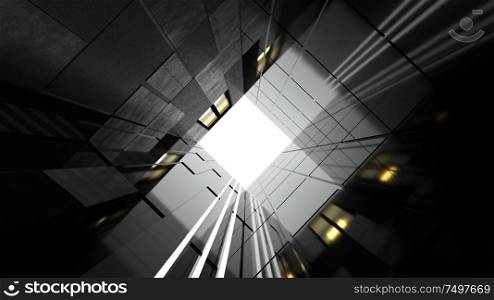 Low angle view of generic modern business skyscrapers ,high rise buildings with abstract geometry glass and cement facades . Concepts of finances and economics background. 3d rendering .