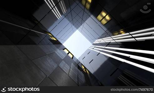Low angle view of generic modern office skyscrapers ,high rise buildings with abstract geometry glass and cement facades . Concepts of finances and economics background. 3d rendering .