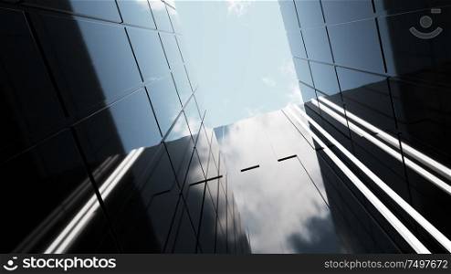 Low angle view of generic modern office skyscrapers ,high rise buildings with abstract geometry glass facades . Concepts of finances and economics background. 3d rendering .