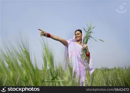 Low angle view of happy Indian female farm worker pointing at something