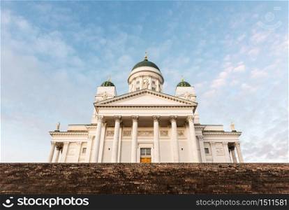 Low angle view of Helsinki&rsquo;s lutheran cathedral from the Senate Square on a cold Winter morning.