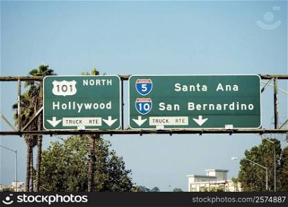 Low angle view of highway signs to Hollywood, Los Angeles, California, USA