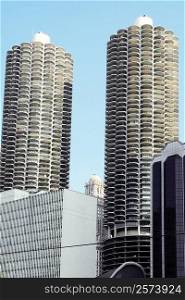 Low angle view of Marina City Complex, Chicago, Illinois, USA