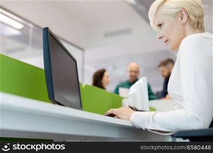 Low angle view of mature businesswoman using computer with colleagues in background at office