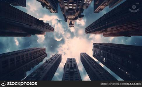 Low angle view of Modern buildings glass skyscrapers Generative AI