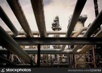 Low angle view of piping at an Oil Refinery.